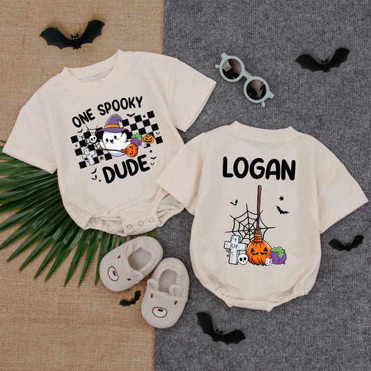 One Spooky Dude Halloween Romper for Baby & Toddler Cute Ghost Witch Hat Pumpkin Cauldron Bat Spider Stars Black Orange Purple White Birthday Gift