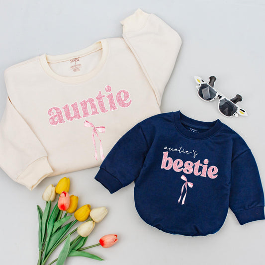 Matching Auntie & Auntie's Bestie Outfits: Pink Floral Bow Baby Announcement Sweatshirt, Shirts, Adorable Aunt Niece Set, Feminine Cotton Comfort (139 chars)