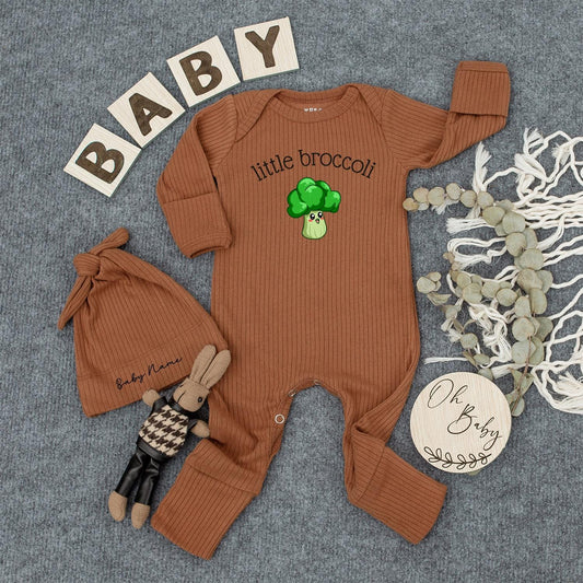 Little Broccoli Baby Romper Funny Vegetable Bodysuit Personalized with Baby Name Cute Shower Gift Ribbed Long Sleeve Outfit Newborn Coming Home Clothes