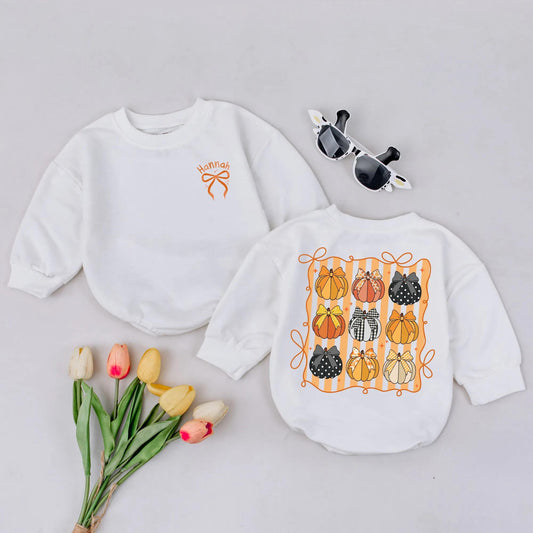 Personalized Pumpkin Patch Romper, Bows & Name, Fall Baby Girl Outfit, Custom Autumn Clothes, Cute Thanksgiving Costume, Playful Polka Dot Gingham Style (139 chars)