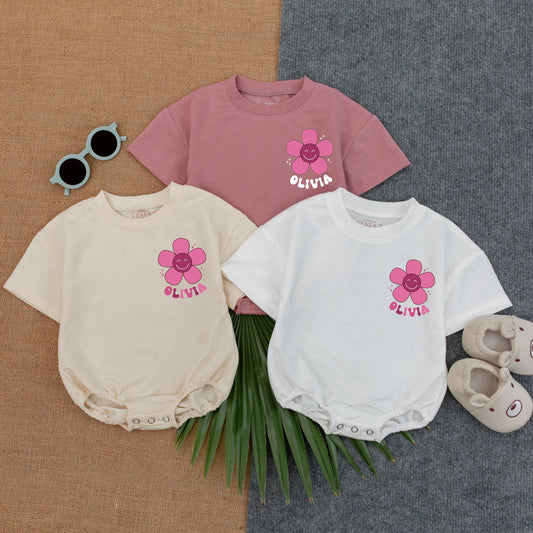 Personalized First Birthday Girl Romper Retro 70s Smiley Face Flower Outfit, Custom Name One Year Old Era Toddler Shirt Summer Gift 1st Bday Party (139)