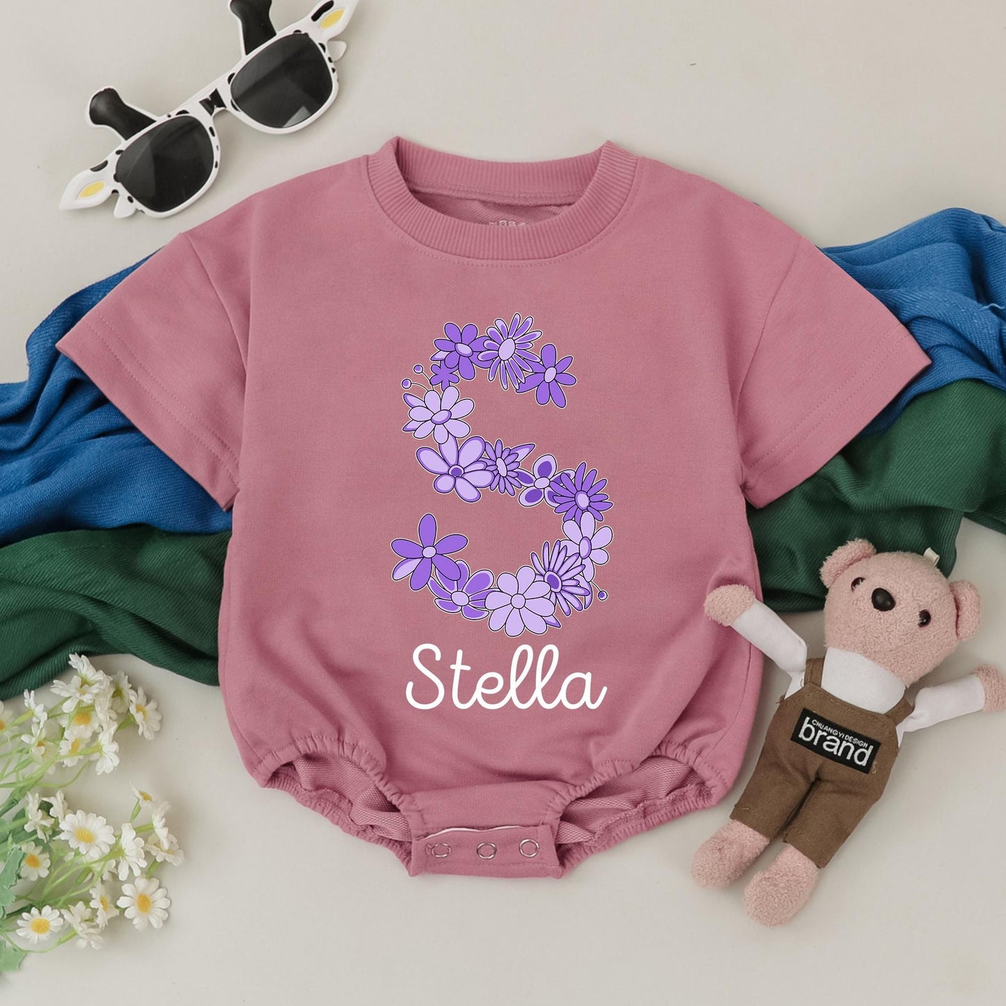 Stella's Purple Flower Romper, Personalized Floral Initial Baby Girl Outfit, Custom Birthday Clothes, Whimsical Cute Newborn Gift, Baby Shower Present (136 chars)