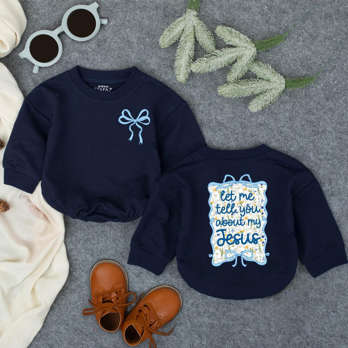 Baby Girl's 'Let Me Tell You About My Jesus' Romper - Light Blue Bow Design with Floral Accents, Infant Christian Faith Clothes, Religious Gift (139 chars)
