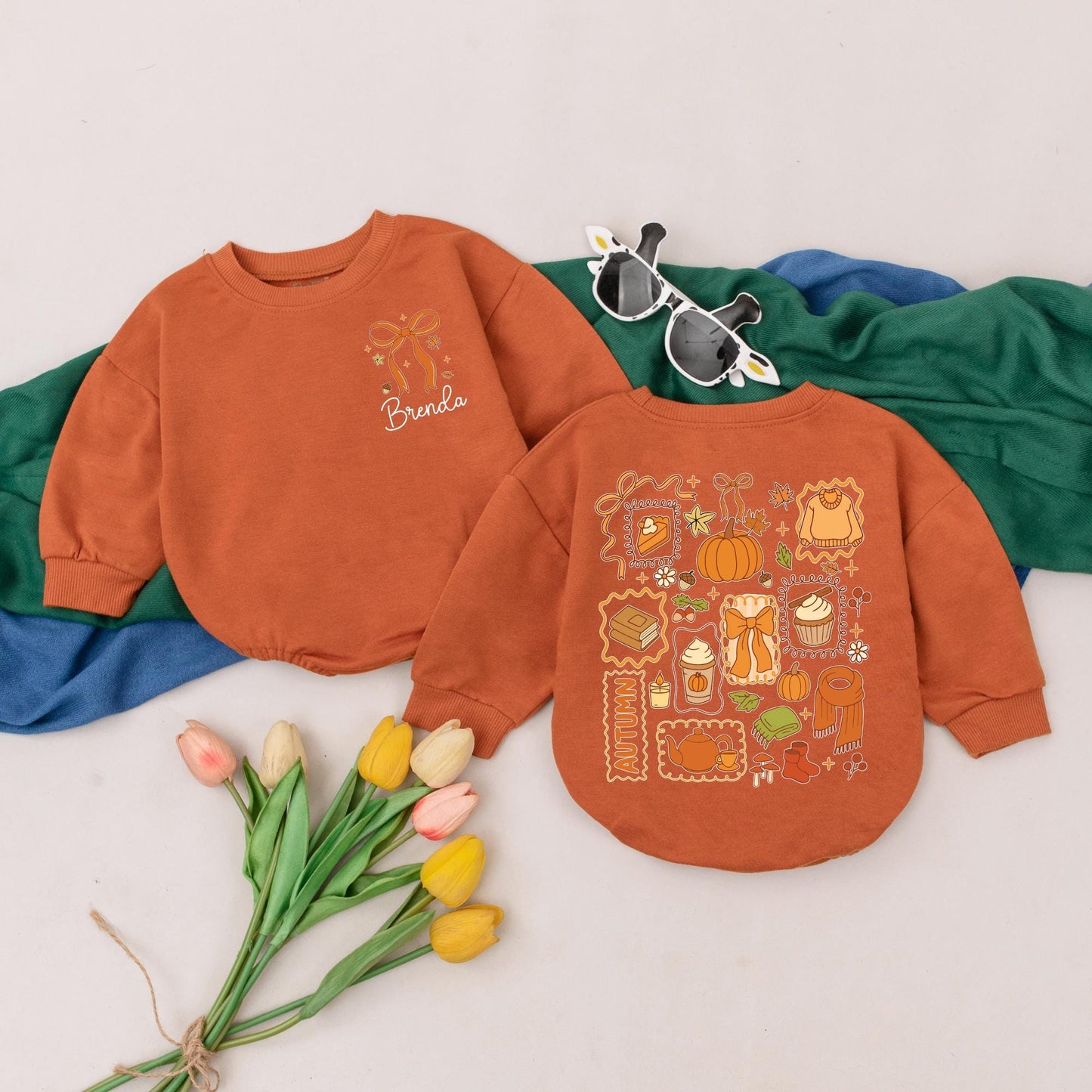 Personalized Brenda Ribbon Fall Romper Baby Girl Outfit Autumn Collage Bodysuit Custom Thanksgiving Gift Fall Baby Shower Gift