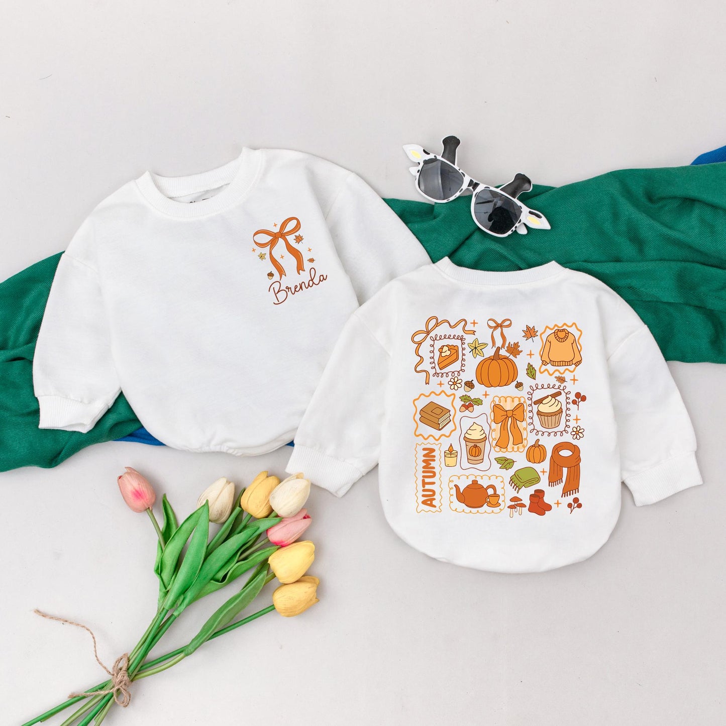 Personalized Brenda Ribbon Fall Romper Baby Girl Outfit Autumn Collage Bodysuit Custom Thanksgiving Gift Fall Baby Shower Gift