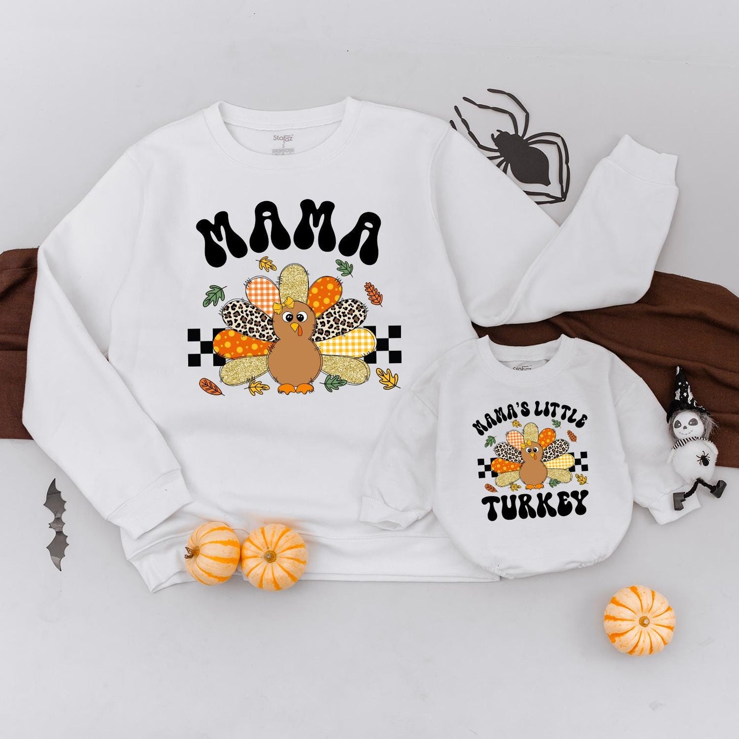 Mama and Little Turkey Matching Thanksgiving Sweatshirts Retro Gingham Leopard Polka Dot Feather Autumn Leaves Family Holiday Outfit