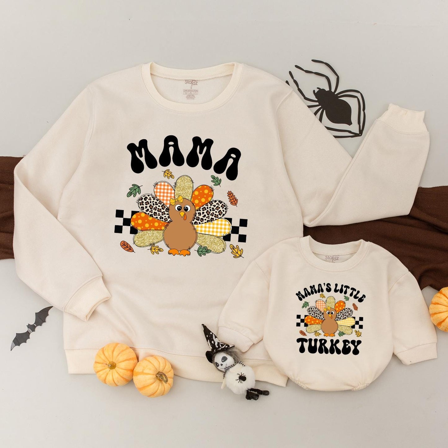 Mama and Little Turkey Matching Thanksgiving Sweatshirts Retro Gingham Leopard Polka Dot Feather Autumn Leaves Family Holiday Outfit