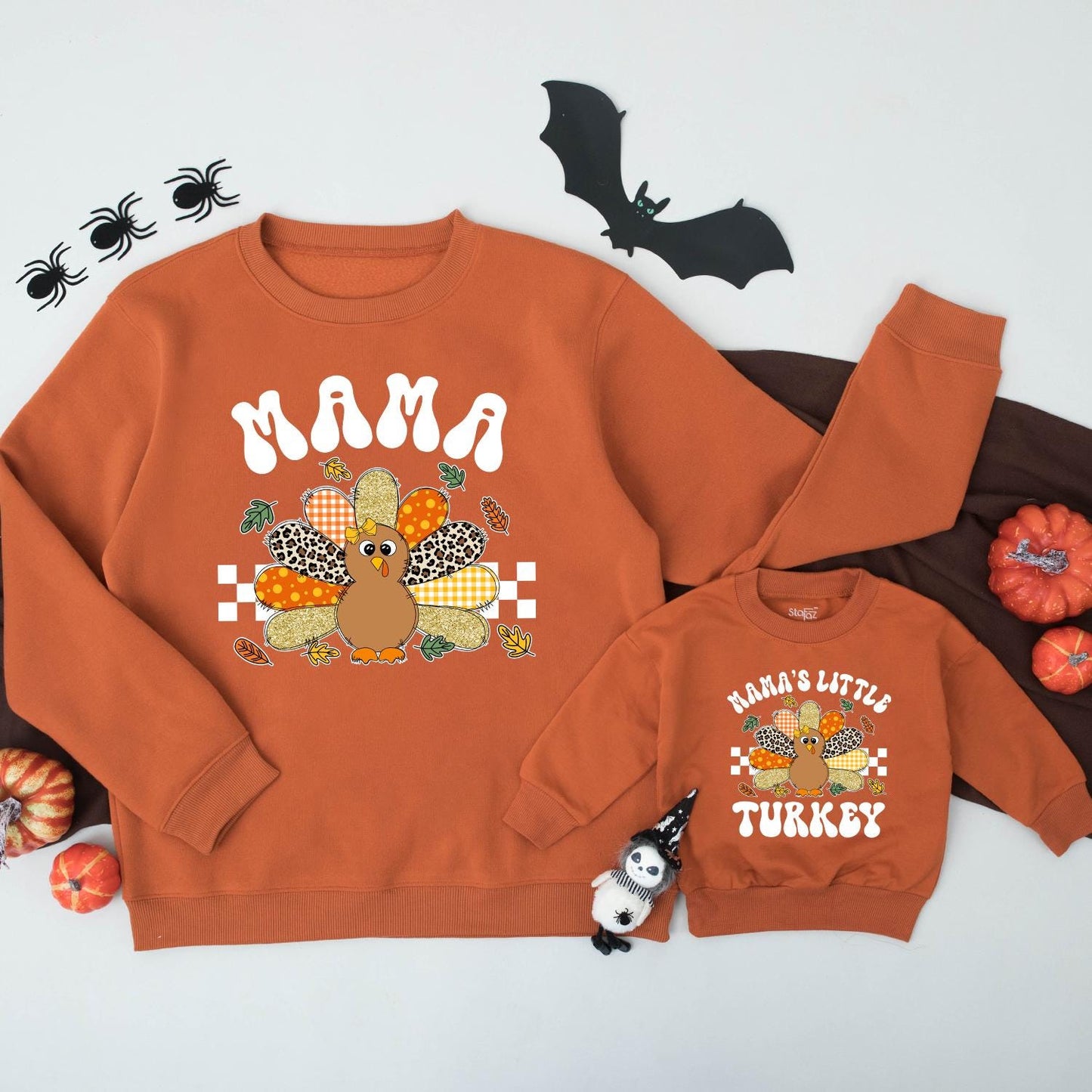 Mama and Little Turkey Matching Thanksgiving Sweatshirts Retro Gingham Leopard Polka Dot Feather Autumn Leaves Family Holiday Outfit