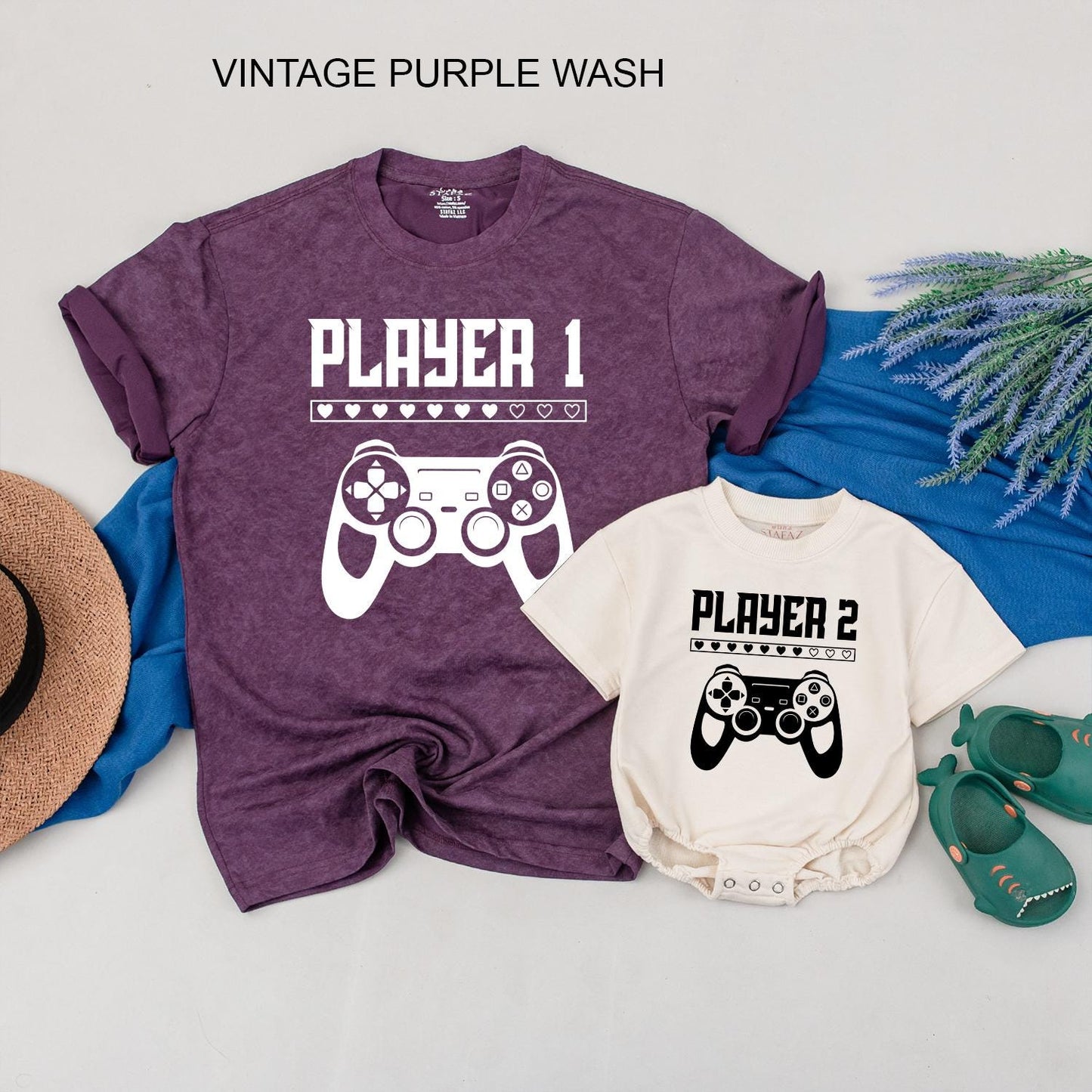 Player 1 Player 2 Matching Gamer Tees for Dad & Baby Video Game Controller Heart Design Father Son First Fathers Day Gift