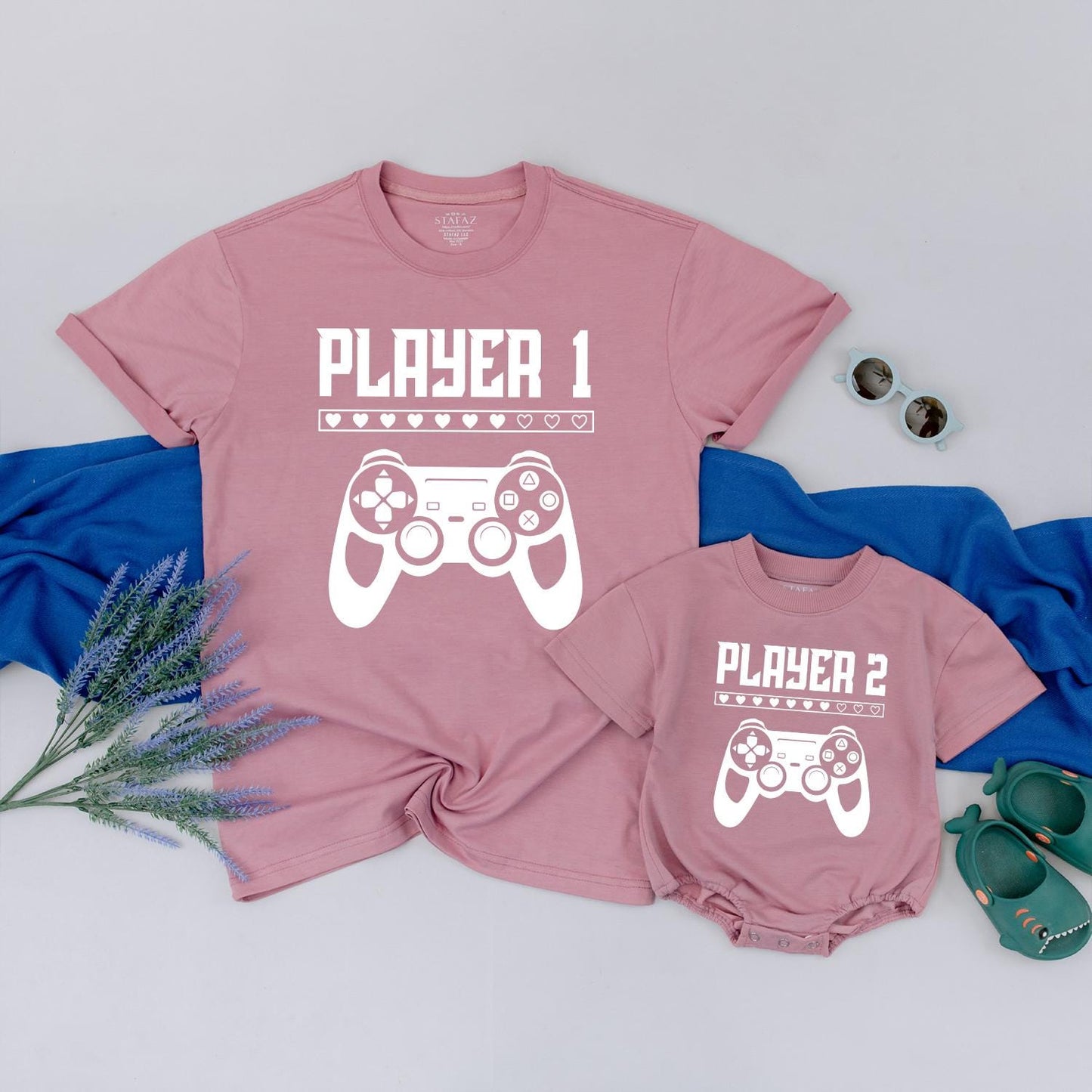 Player 1 Player 2 Matching Gamer Tees for Dad & Baby Video Game Controller Heart Design Father Son First Fathers Day Gift