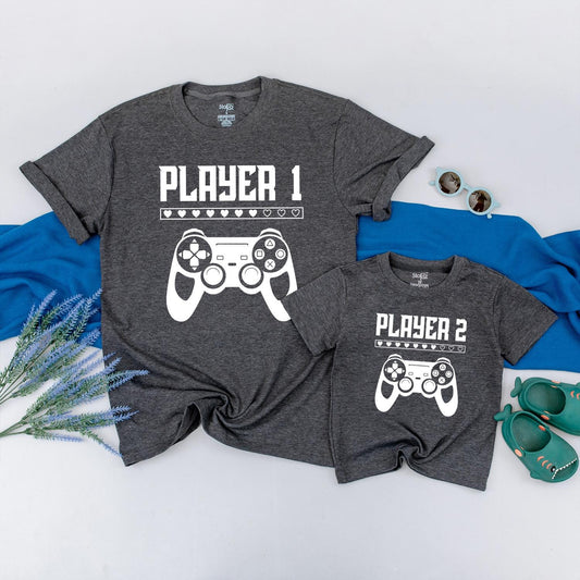 Player 1 Player 2 Matching Gamer Tees for Dad & Baby Video Game Controller Heart Design Father Son First Fathers Day Gift
