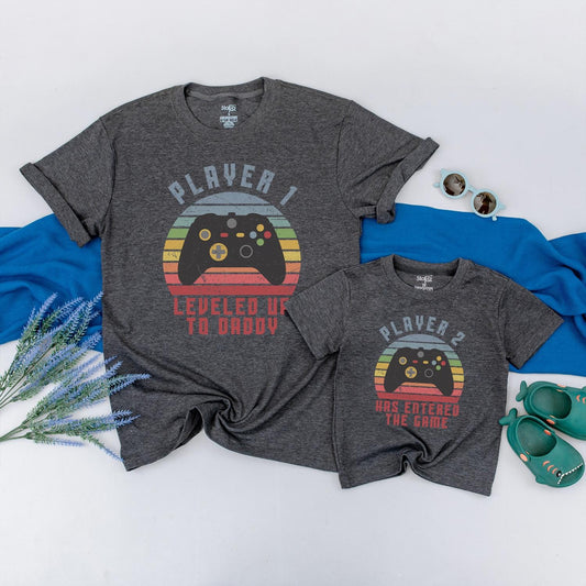 Leveled Up Daddy & Baby Matching Gamer Shirts, Player 2 Has Entered the Game, Black Controller, Red, Orange, Yellow, Blue, Green, Vintage Dad Gift