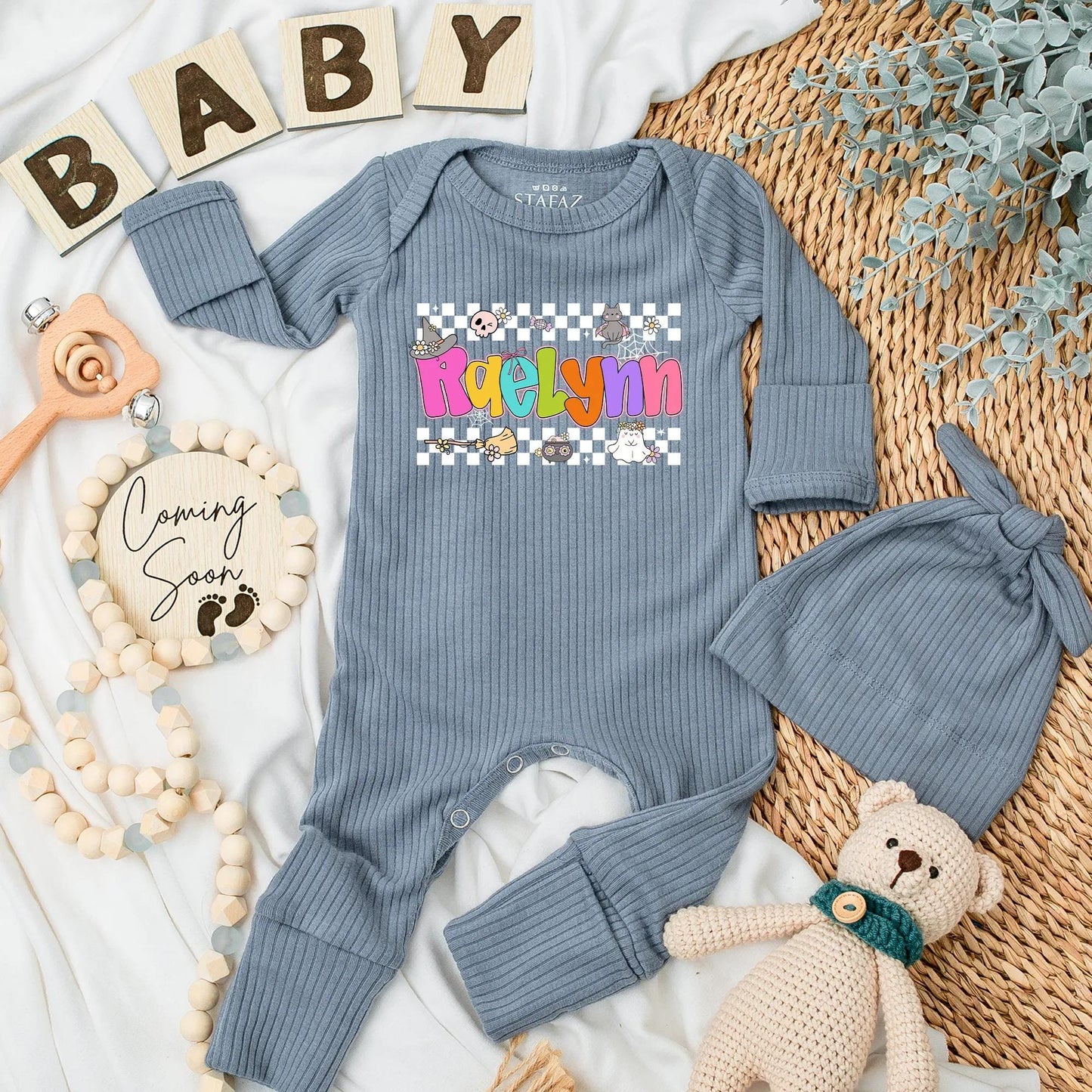 Personalized Raelynn Halloween Baby Bodysuit Retro Spooky Newborn Outfit Custom Name Baby Clothes First Halloween Gift