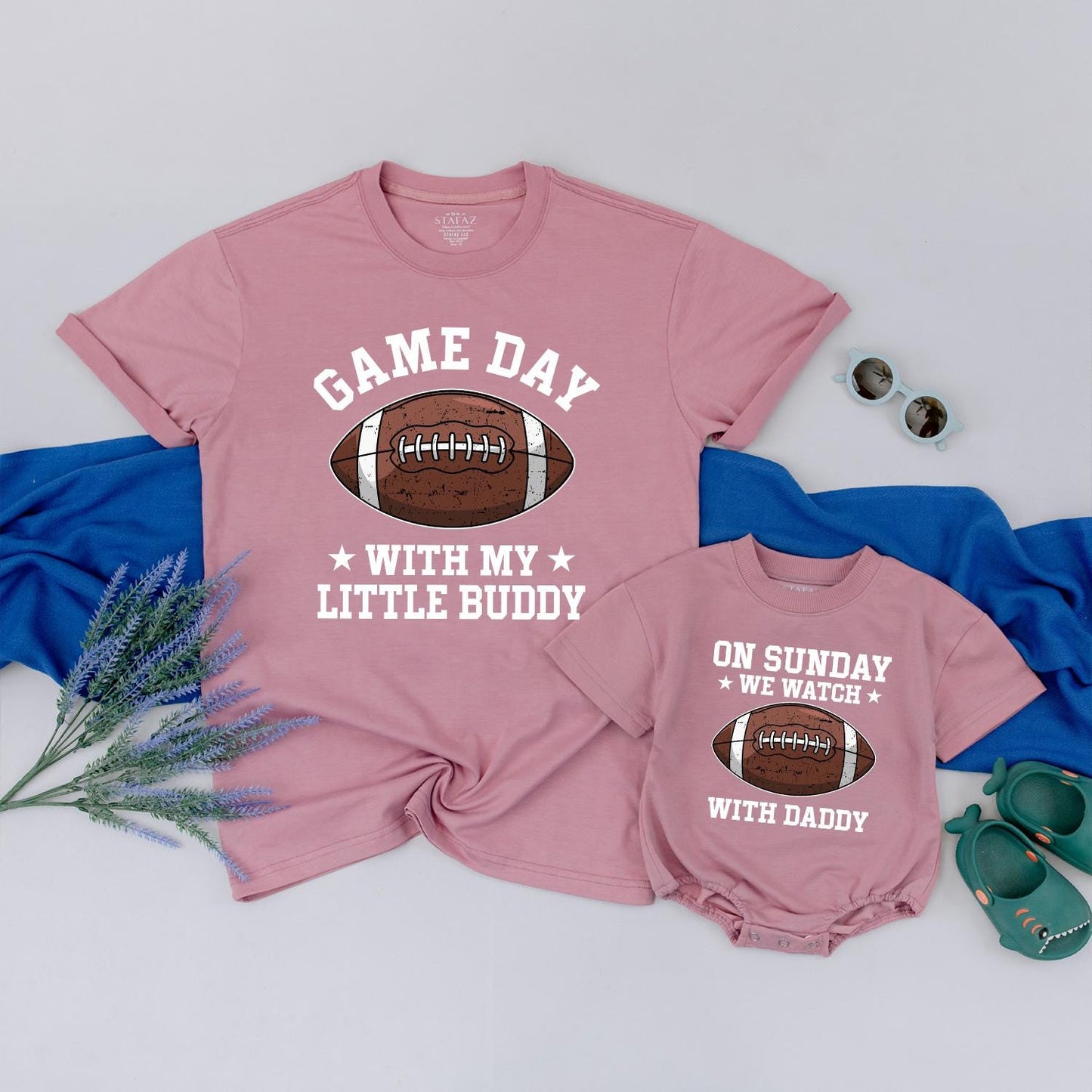 Daddy and Me Football Game Day Shirts Father Son Matching Sunday Tee with Little Buddy Graphic Brown and White Football Season Outfit Gift