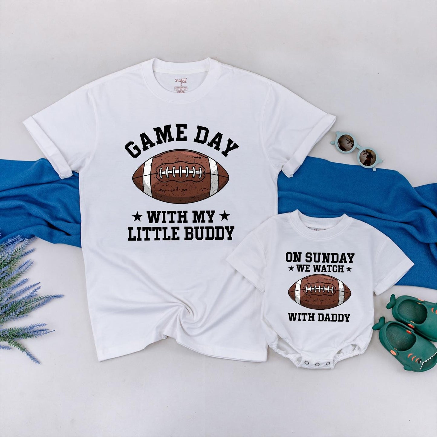 Daddy and Me Football Game Day Shirts Father Son Matching Sunday Tee with Little Buddy Graphic Brown and White Football Season Outfit Gift