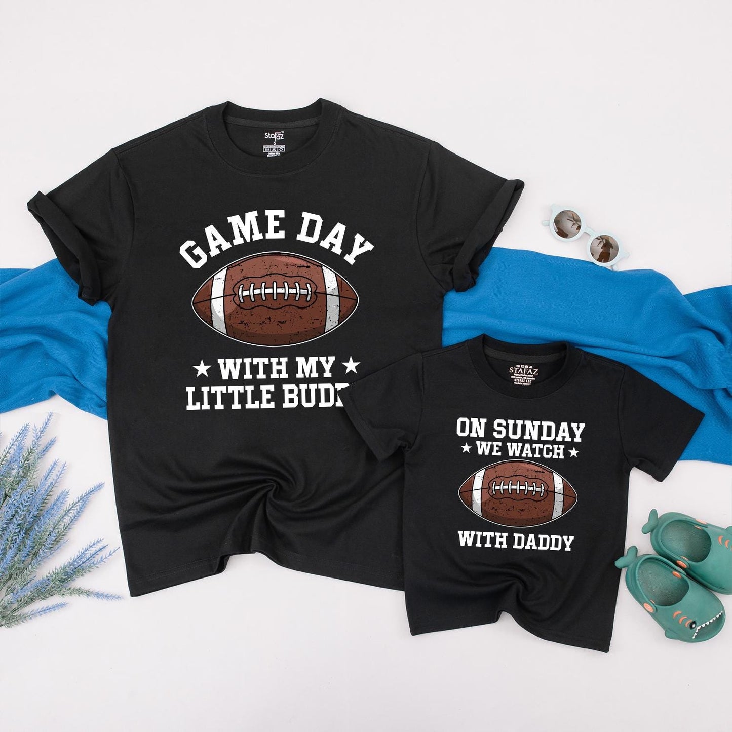Daddy and Me Football Game Day Shirts Father Son Matching Sunday Tee with Little Buddy Graphic Brown and White Football Season Outfit Gift