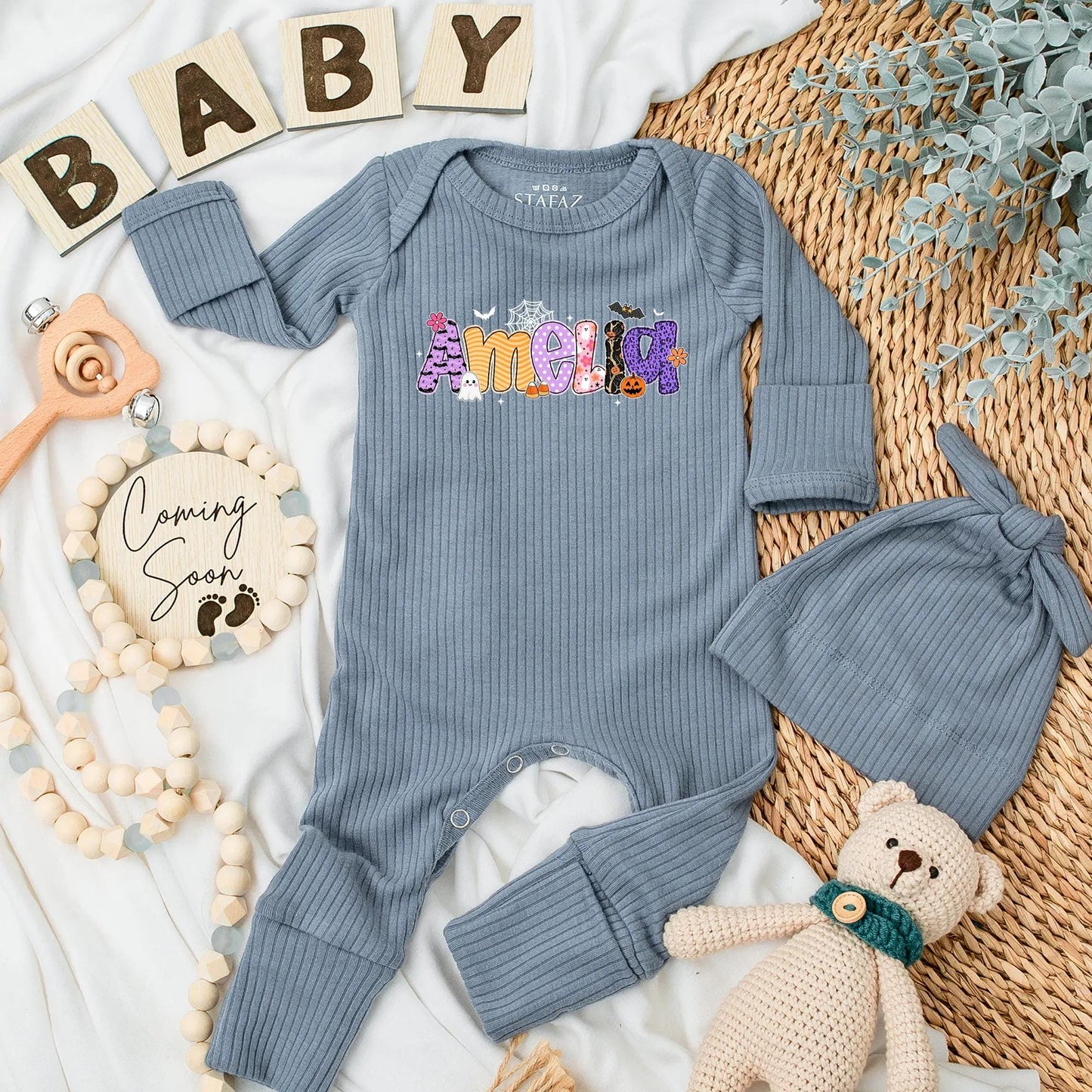 Amelia's Girly Halloween Baby Bodysuit Custom Name Ghost Bat Pumpkin Baby Girl Spooky Season Outfit Newborn Girl Gift