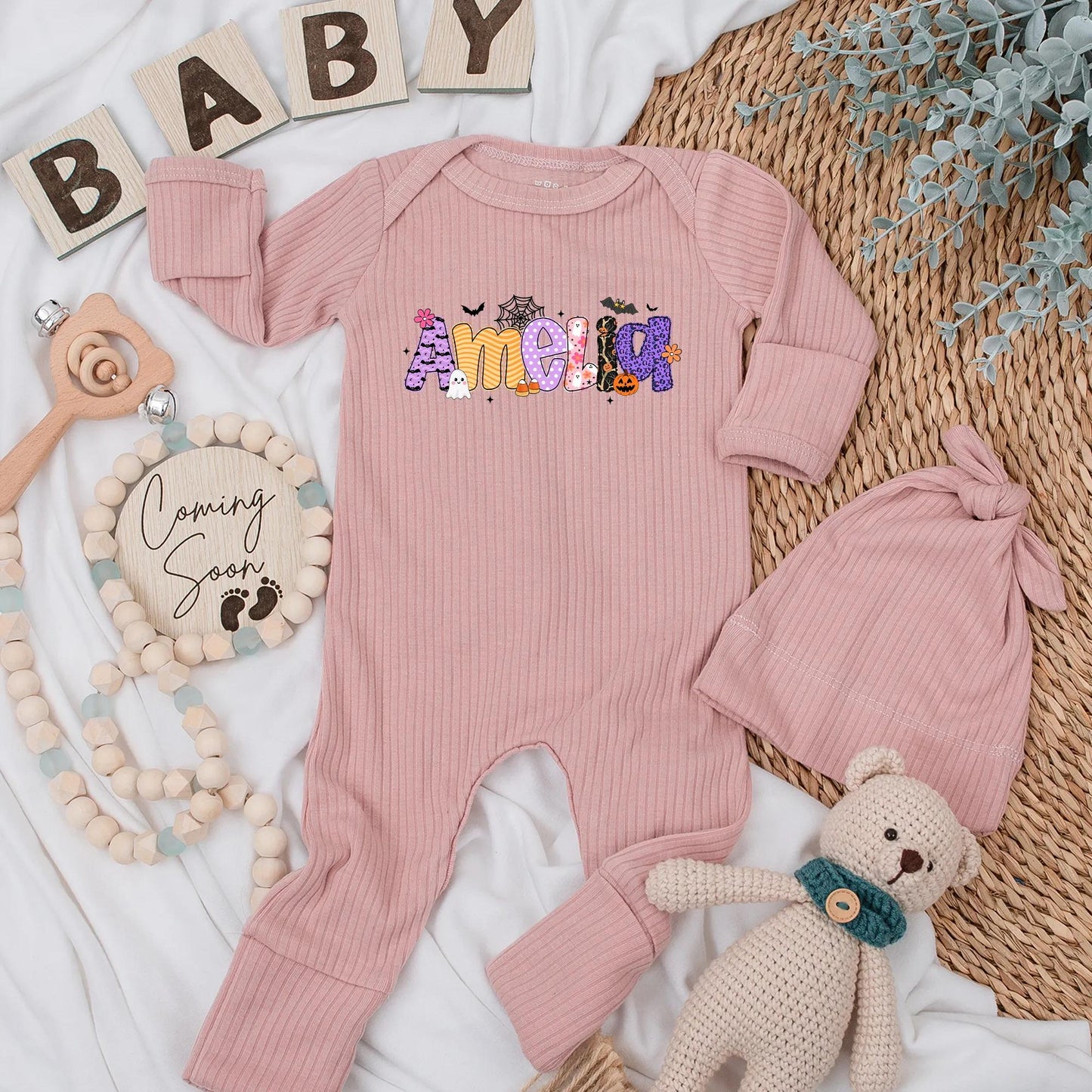 Amelia's Girly Halloween Baby Bodysuit Custom Name Ghost Bat Pumpkin Baby Girl Spooky Season Outfit Newborn Girl Gift
