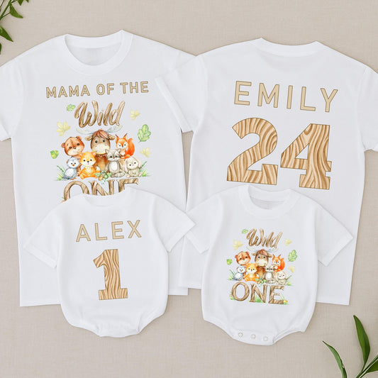 Personalized Wild One Birthday Family Matching Safari Shirts with Cute Watercolor Woodland Animals and Wood Grain Numbers Toddler Baby Cotton