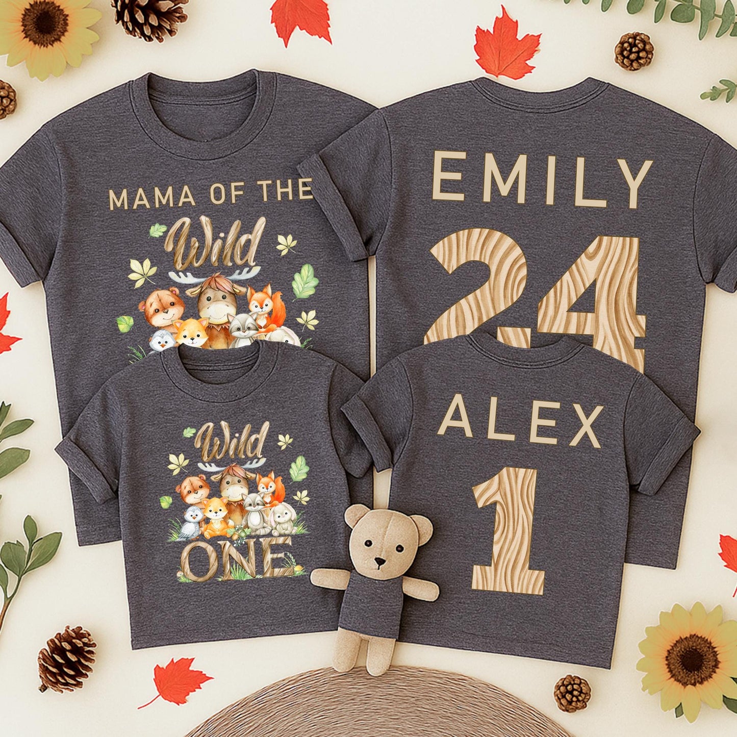 Personalized Wild One Birthday Family Matching Safari Shirts with Cute Watercolor Woodland Animals and Wood Grain Numbers Toddler Baby Cotton