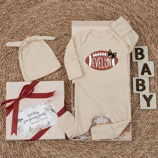 Evelyn Football Baby Girl Bodysuit Cute White Stitch Bow Newborn Game Day Outfit Custom Sports Romper Baby Shower Gift Idea