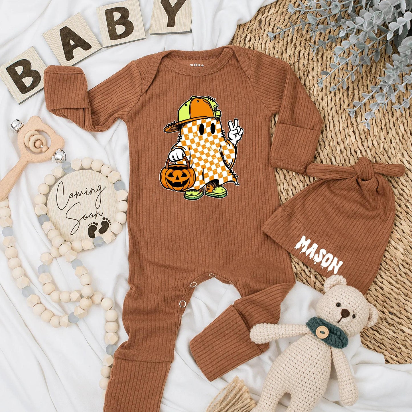 Retro Ghost Baby Boy Bodysuit Personalized Halloween Outfit Cute Pumpkin Boo Clothes Newborn Gift Spooky Season