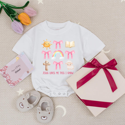 Jesus Loves Me Pastel Romper for Baby Girl, Christian Faith Outfit with Sun, Bows & Rainbows, Religious Toddler Clothes, Church Gift, Scripture Inspired 139