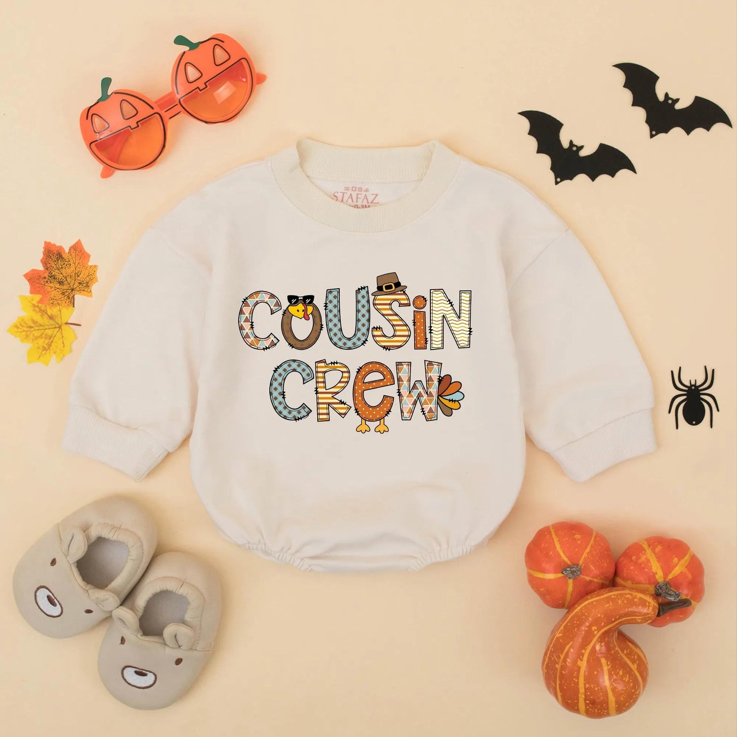Cousin Crew Thanksgiving Romper Turkey Sweatshirt for Baby Toddler Girl Boy Matching Outfit Fall Colors Festive Apparel First Thanksgiving Gift (139 chars)