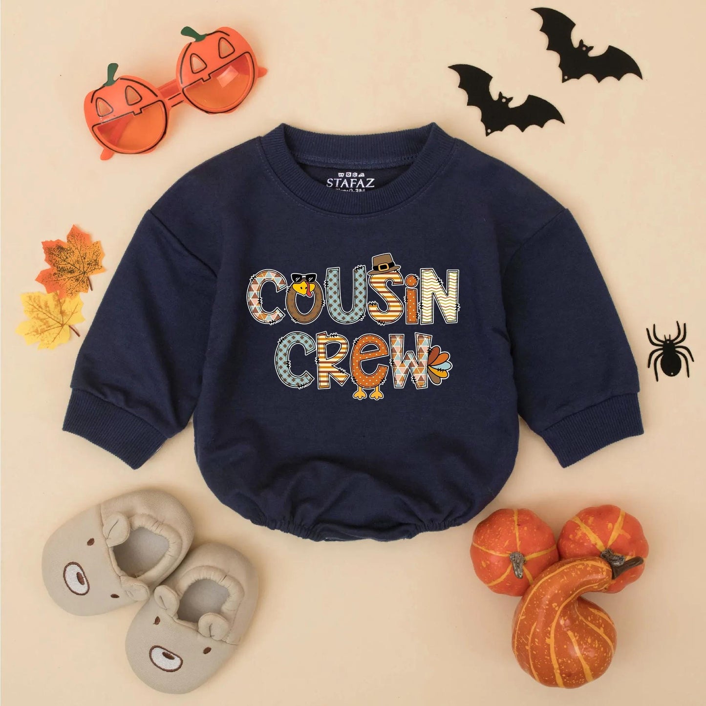 Cousin Crew Thanksgiving Romper Turkey Sweatshirt for Baby Toddler Girl Boy Matching Outfit Fall Colors Festive Apparel First Thanksgiving Gift (139 chars)