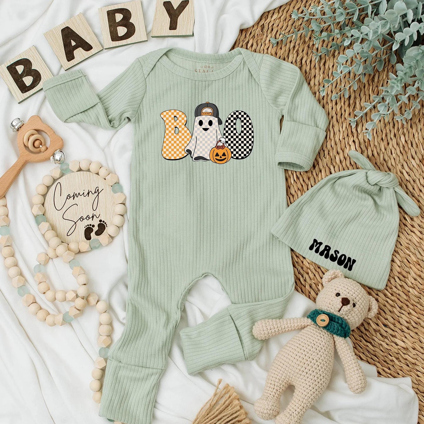 Boo Ghost Baby Boy Bodysuit Retro Halloween Outfit, First Halloween Costume Gift, Spooky Season Newborn Shower, Black & White Checker Design