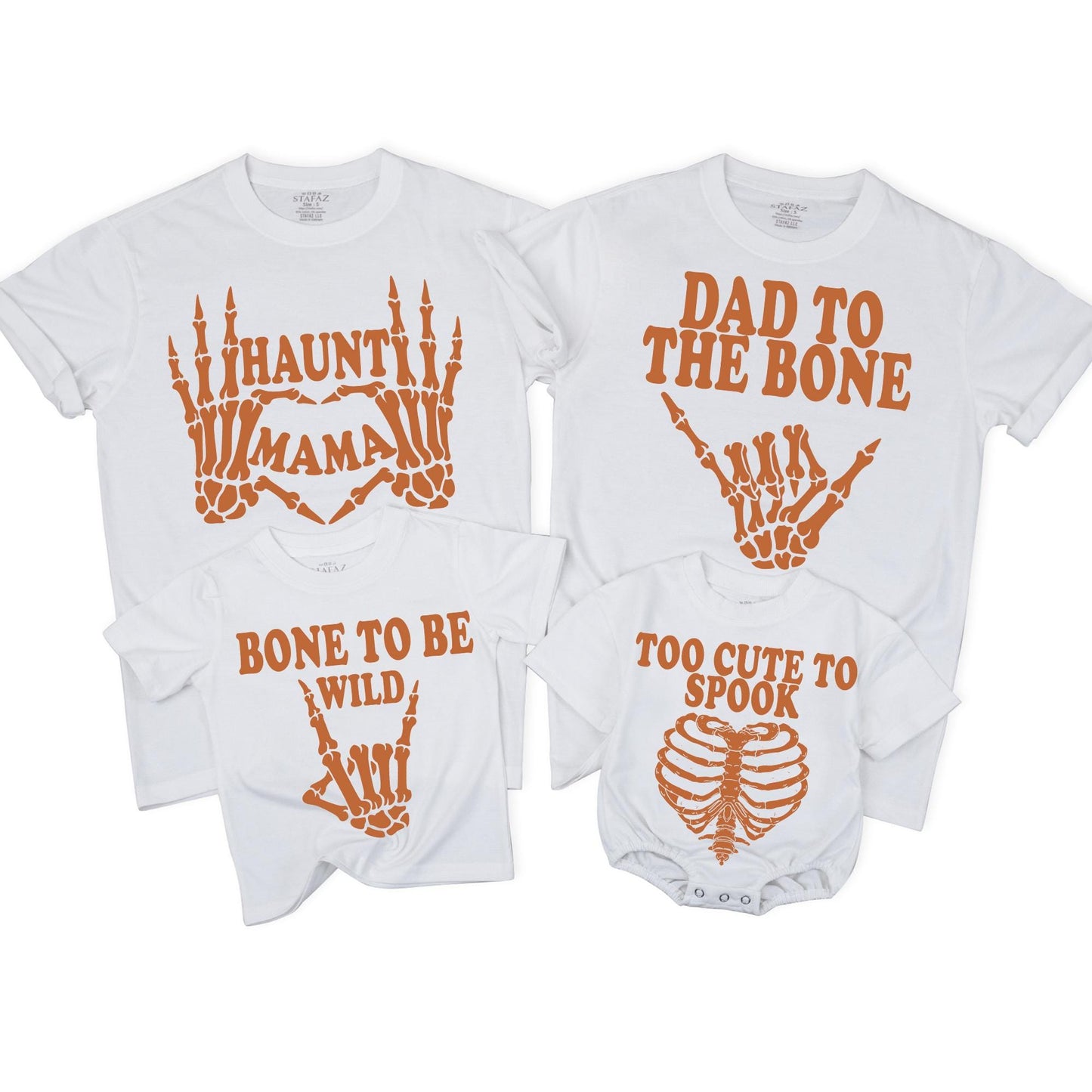 Matching Family Halloween Shirts Dad to the Bone Haunt Mama Creep it Real Bone to be Wild Too Cute to Spook Skeletons Rib Cage Burnt Orange Group Outfits