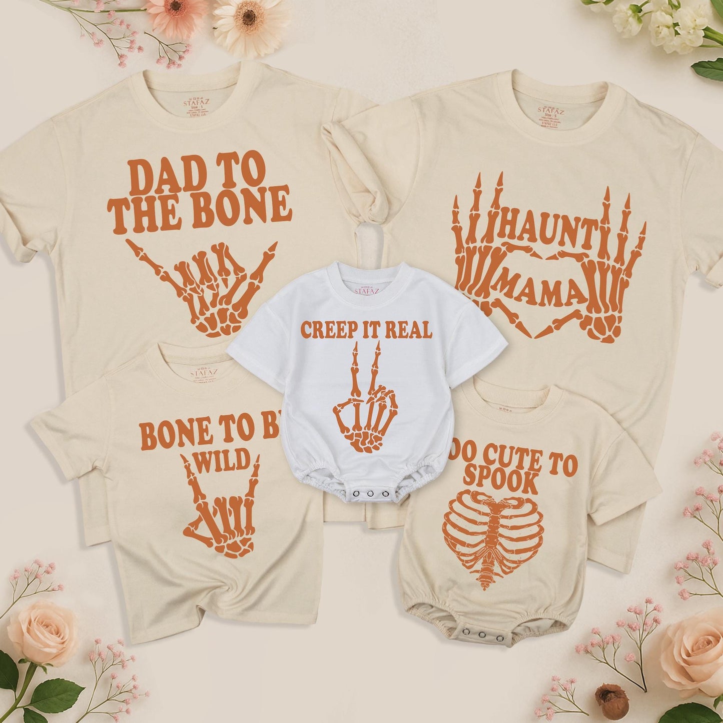 Matching Family Halloween Shirts Dad to the Bone Haunt Mama Creep it Real Bone to be Wild Too Cute to Spook Skeletons Rib Cage Burnt Orange Group Outfits