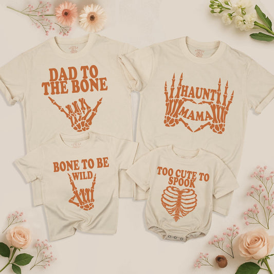 Matching Family Halloween Shirts Dad to the Bone Haunt Mama Creep it Real Bone to be Wild Too Cute to Spook Skeletons Rib Cage Burnt Orange Group Outfits