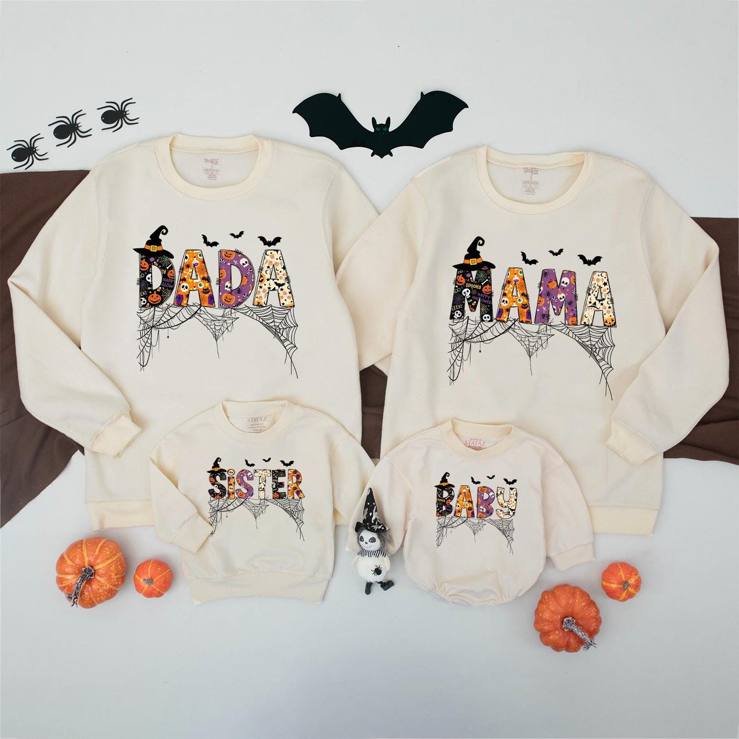 Retro Halloween Family Matching Sweatshirt Dada Mama Sister Baby Spooky Skeleton Pumpkin Spiderweb Design Festive Fall Custom Gift 130