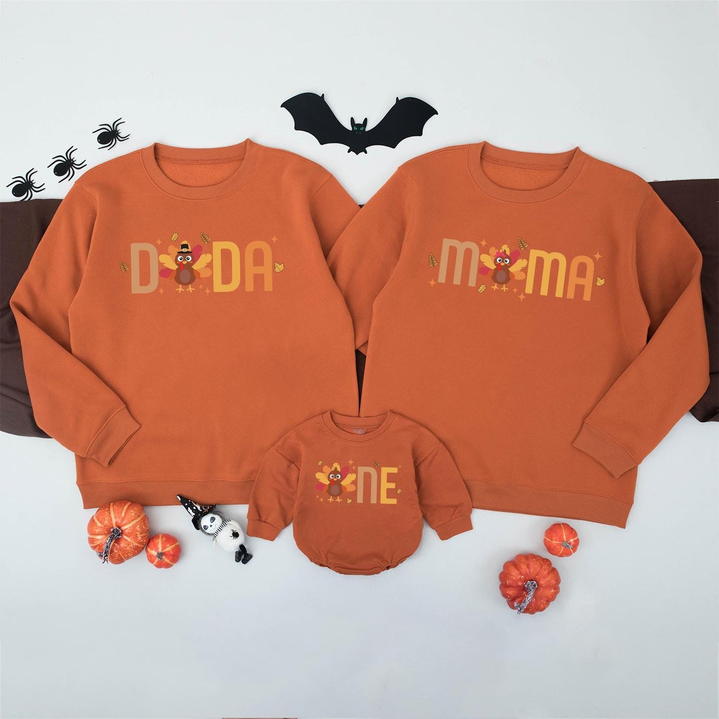 Dada Mama Sister One Turkey Family Thanksgiving Sweatshirts Cute Baby's First Birthday Outfit Festive Fall Colors