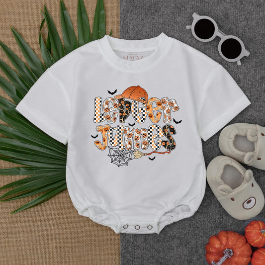 Personalized Halloween Boy Bubble Romper First Halloween Baby Custom Name Spooky Checkered Pumpkin Bat Spiderweb Outfit with Orange Cap Fun Festive Gift