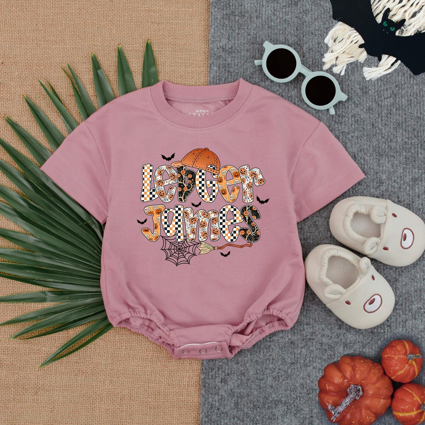 Personalized Halloween Boy Bubble Romper First Halloween Baby Custom Name Spooky Checkered Pumpkin Bat Spiderweb Outfit with Orange Cap Fun Festive Gift