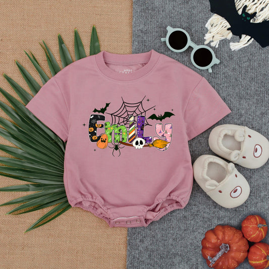 Custom EMILY Halloween Romper Short Sleeves Baby Bodysuit First Halloween Spooky Season Gift