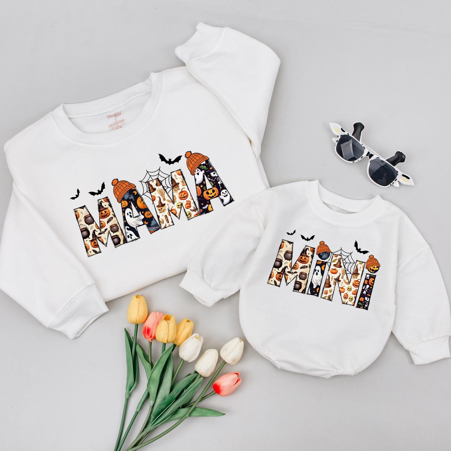 Halloween Mama and Mini Matching Shirts: Pumpkin, Bat & Ghost Design, Thanksgiving Mommy and Me Outfits, Festive Fall Family Apparel, Gift Set