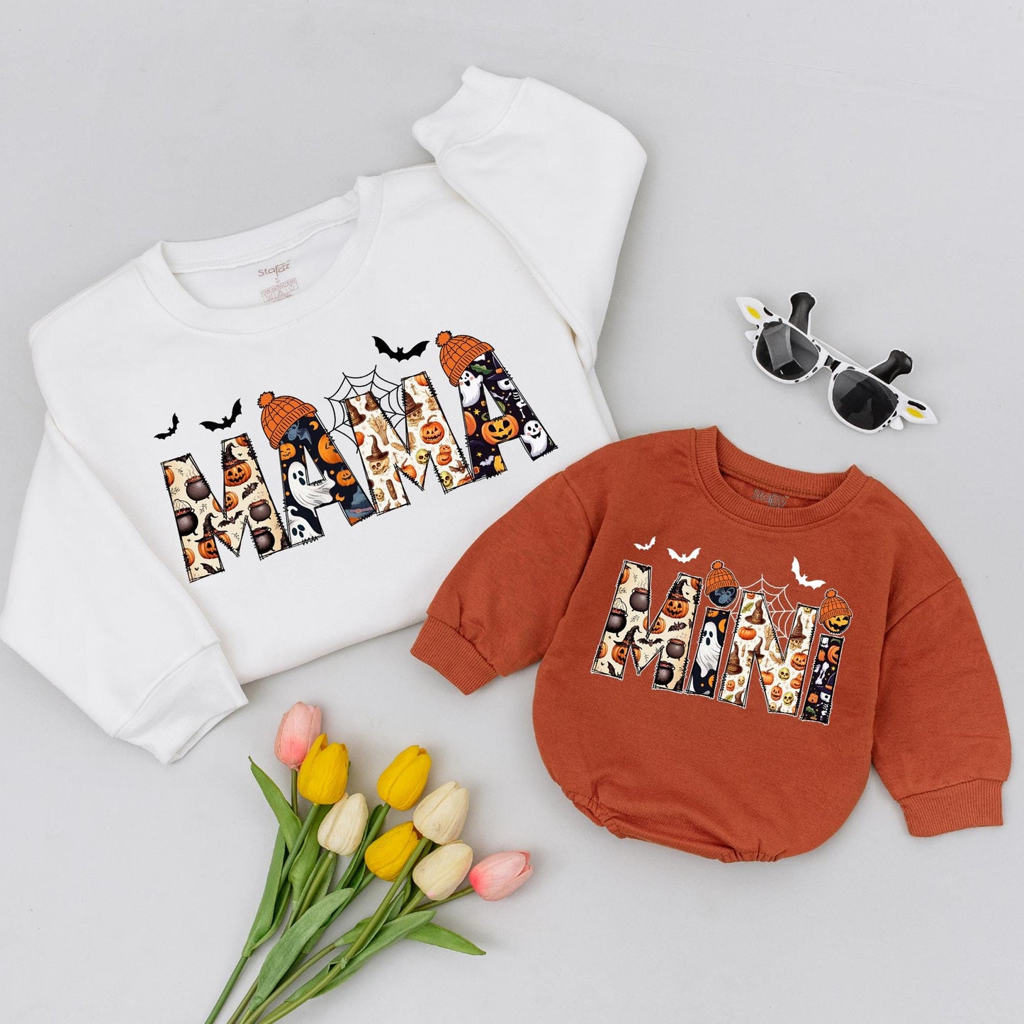 Halloween Mama and Mini Matching Shirts: Pumpkin, Bat & Ghost Design, Thanksgiving Mommy and Me Outfits, Festive Fall Family Apparel, Gift Set