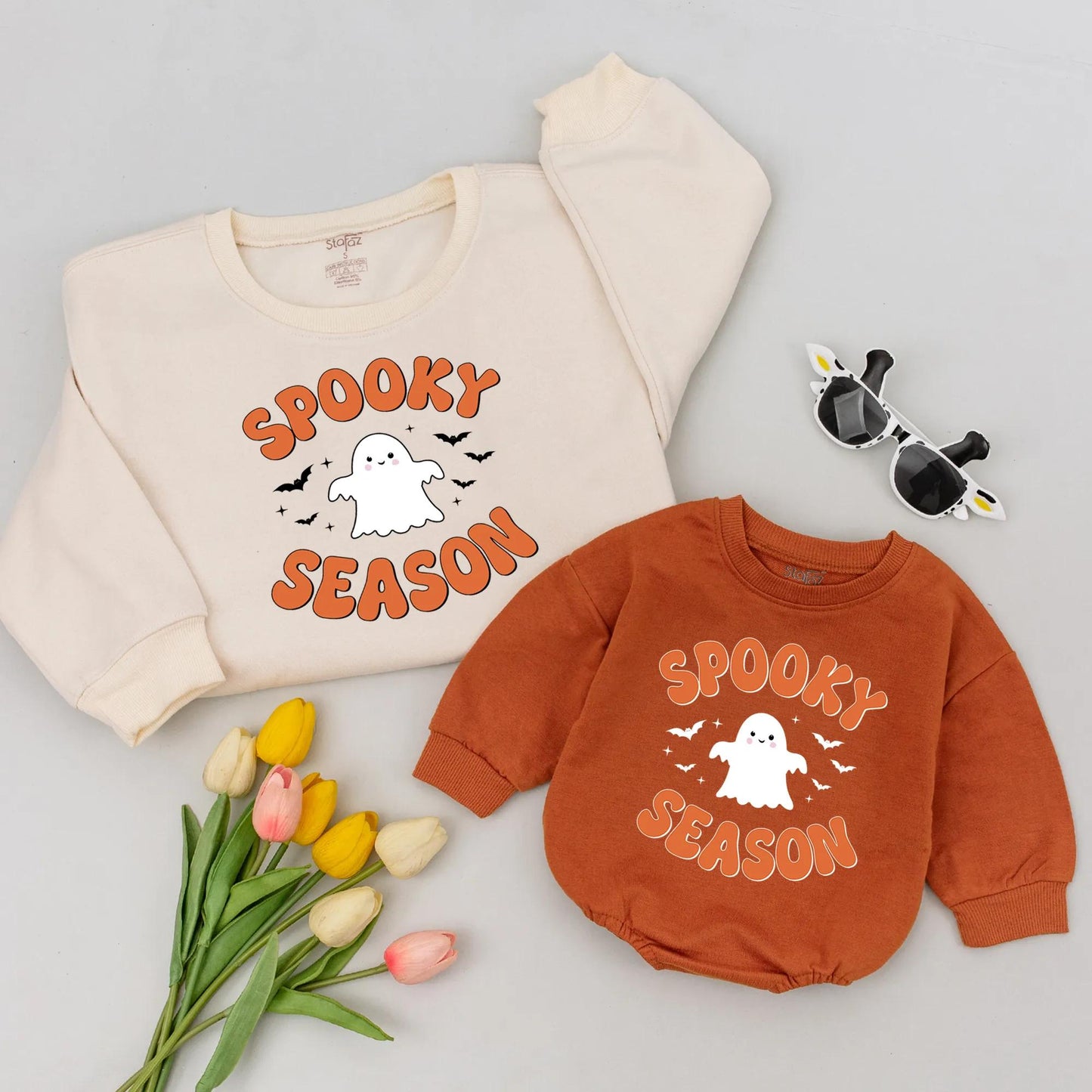 Cute Ghost Spooky Season Shirt Mommy Baby Matching Retro Orange Halloween Fall Toddler Infant First Spooky Season Outfit