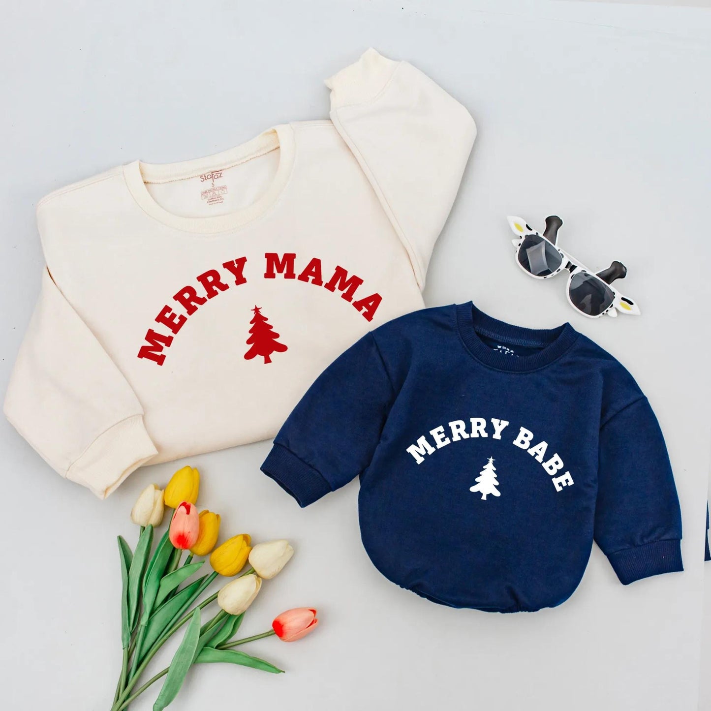 Merry Mama & Babe Christmas Shirts: Matching Mommy & Me Red Tree Holiday Sweatshirt Set, Family Xmas Gift