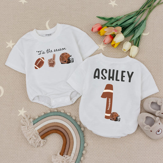 Custom Name and Number Tis the Season Football Baby Bubble Romper Retro Game Day Infant Sports Outfit Vintage Fall Touchdown Gift Idea