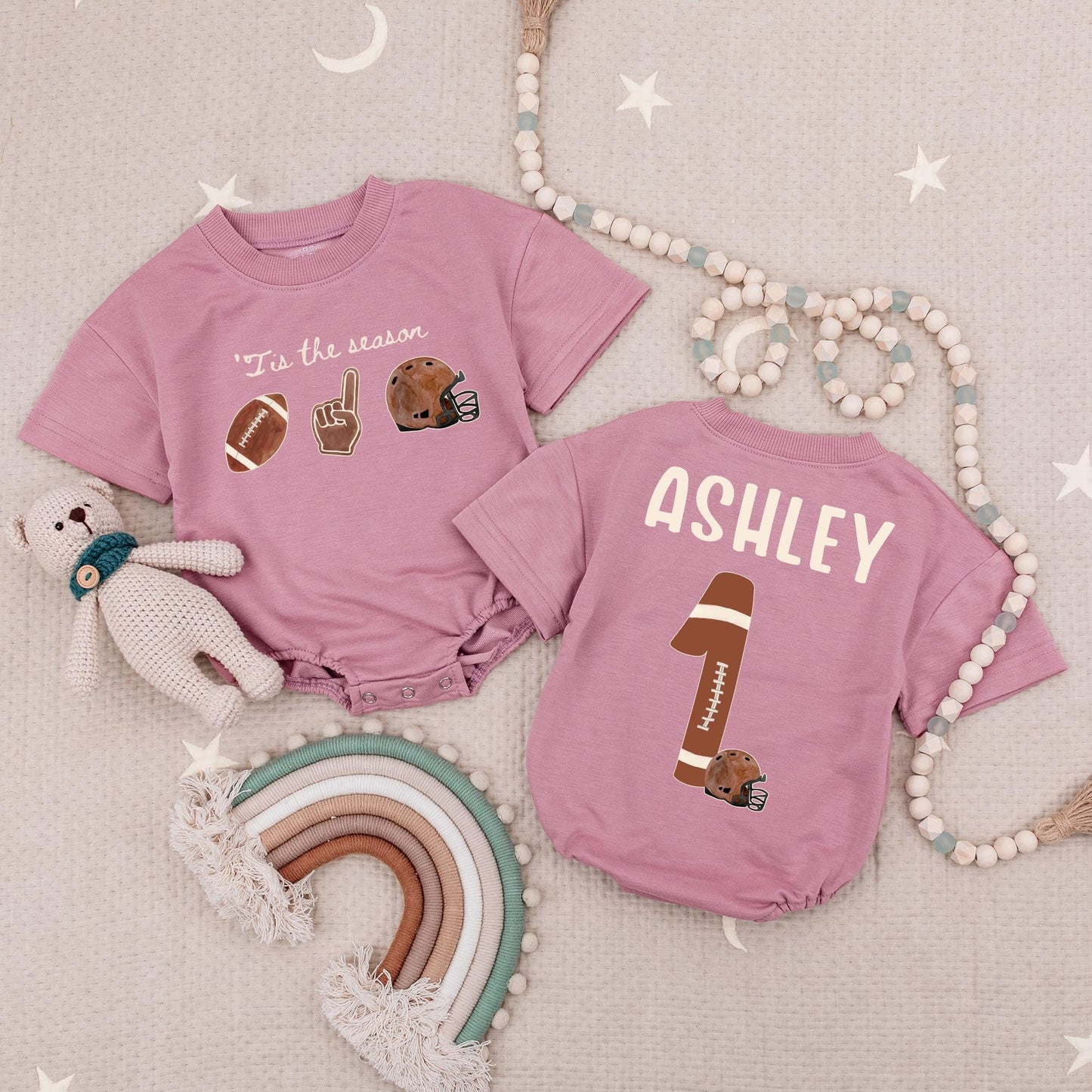 Custom Name and Number Tis the Season Football Baby Bubble Romper Retro Game Day Infant Sports Outfit Vintage Fall Touchdown Gift Idea