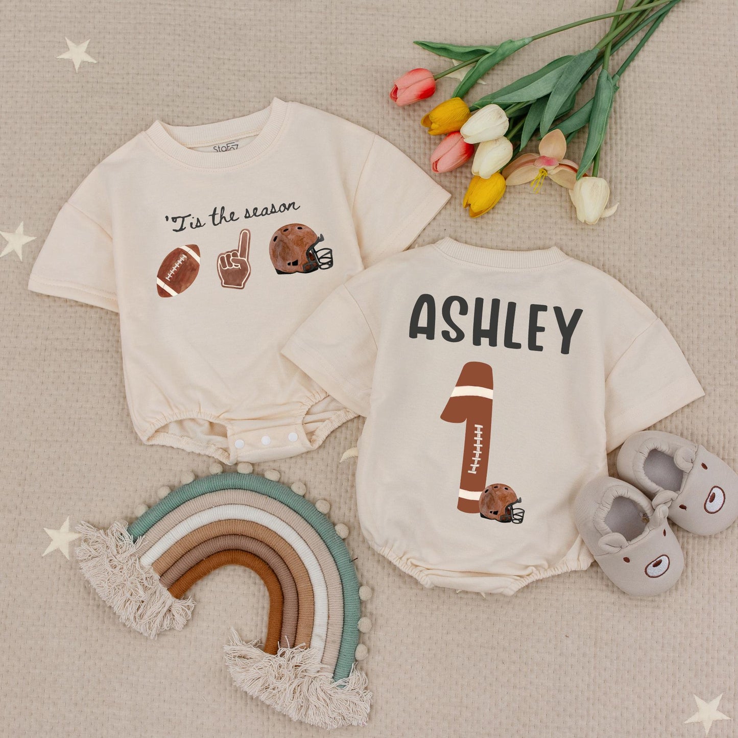 Custom Name and Number Tis the Season Football Baby Bubble Romper Retro Game Day Infant Sports Outfit Vintage Fall Touchdown Gift Idea