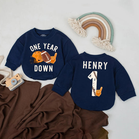 Custom One Year Down Football Romper for Baby Boy: Personalized Name First Birthday Outfit, Game Day Bodysuit, Sporty Gift