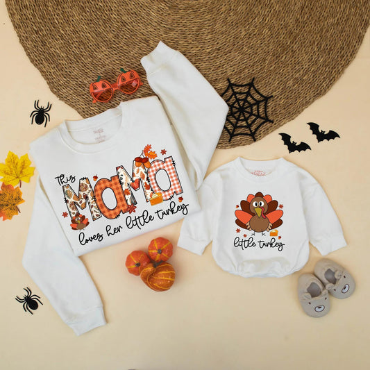 Matching Thanksgiving Family Shirts: This Mama Loves Her Little Turkey Fall Outfit Mom & Baby Gift, Turkey Graphic