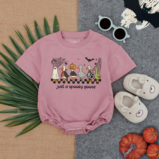 Just A Spooky Goose Baby Romper Cute Halloween Ghost Vampire Mummy Skeleton Pumpkin Outfit Toddler Fall Bodysuit Festive Baby Gift
