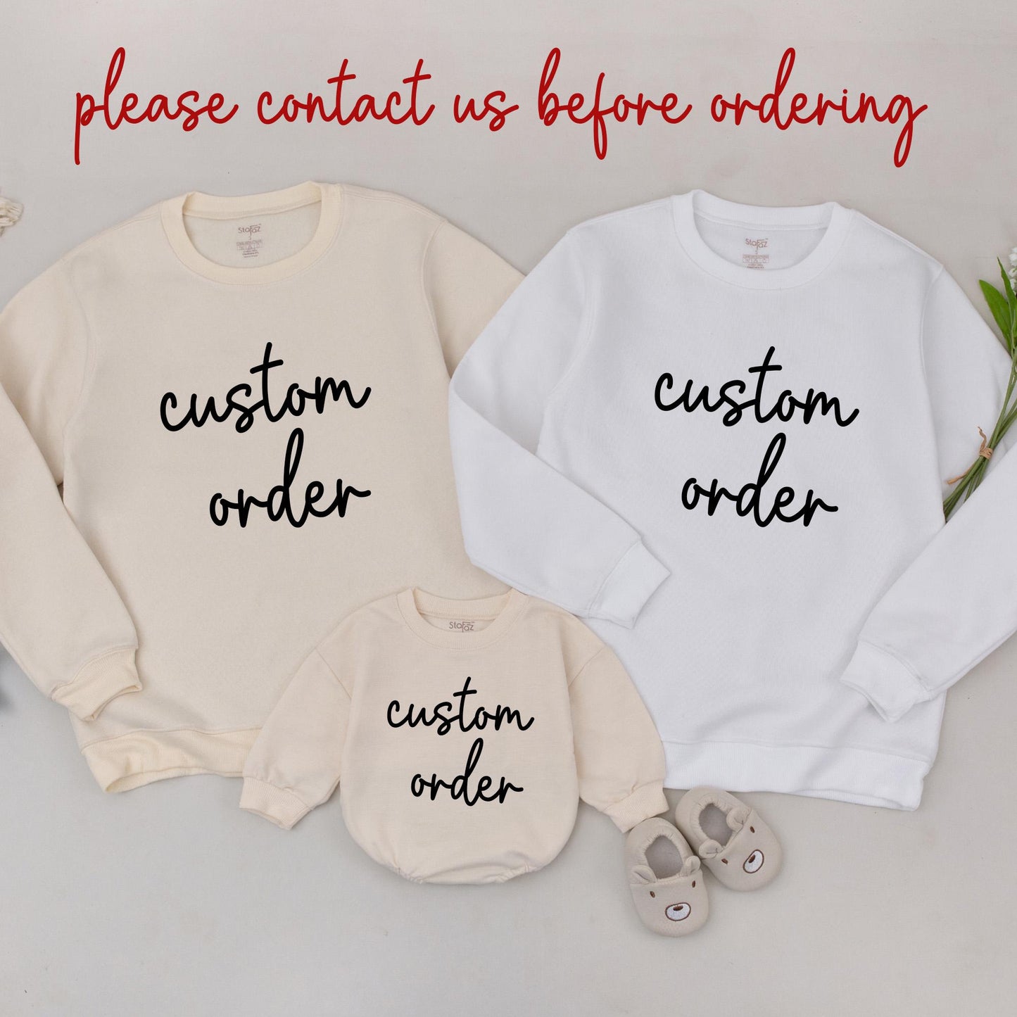 Custom Order Matching Family Sweatshirts & Baby Bodysuits with flowing black cursive text for Birthday, Pregnancy Announcement, Baby Shower Gifts
