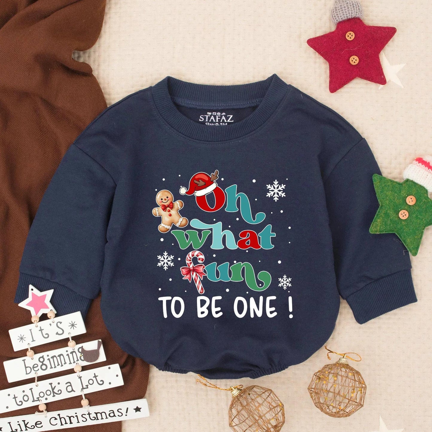 Oh What Fun To Be One! Baby's First Christmas Birthday Bubble Romper Festive Holiday Infant Toddler Outfit with Santa Hat Gingerbread Man Snowflakes Design